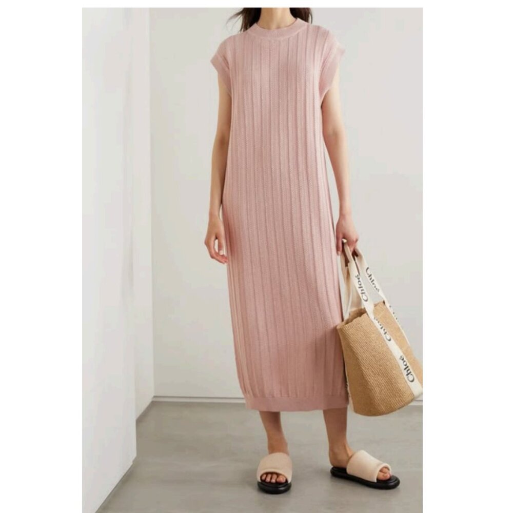 MR MITTENS Pointelle-Knit Handmade in Peru Pink Cotton Maxi Dress Size XS/S